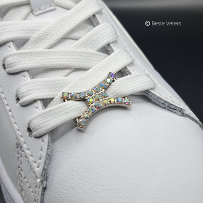 Stijlvol zilver schoenveter gespen met multikleur diamanten